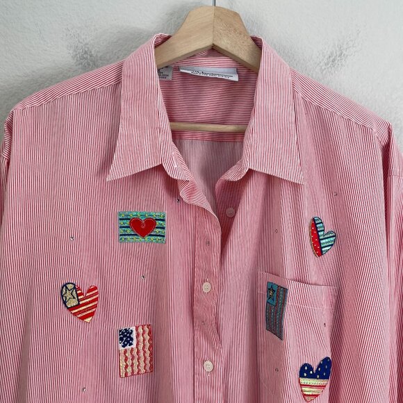 MiLi Designs Womens Plus 1X Button Up Shirt Heart Patches Red Striped Blouse Top - Picture 8 of 11
